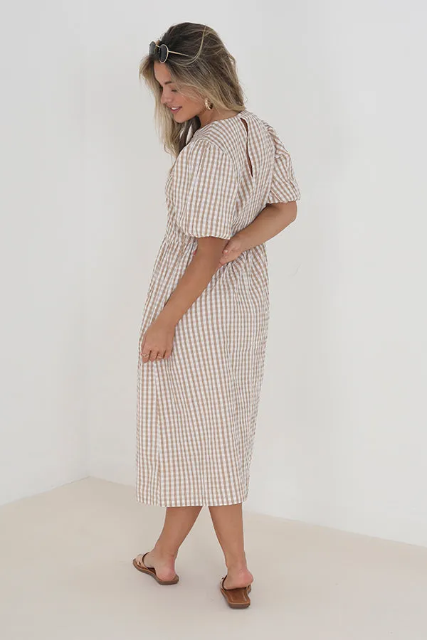 BEIGE GINGHAM PRINT MIDI LENGTH WOVEN DRESS