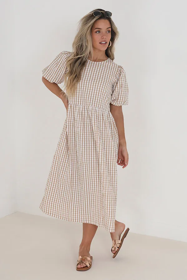 BEIGE GINGHAM PRINT MIDI LENGTH WOVEN DRESS