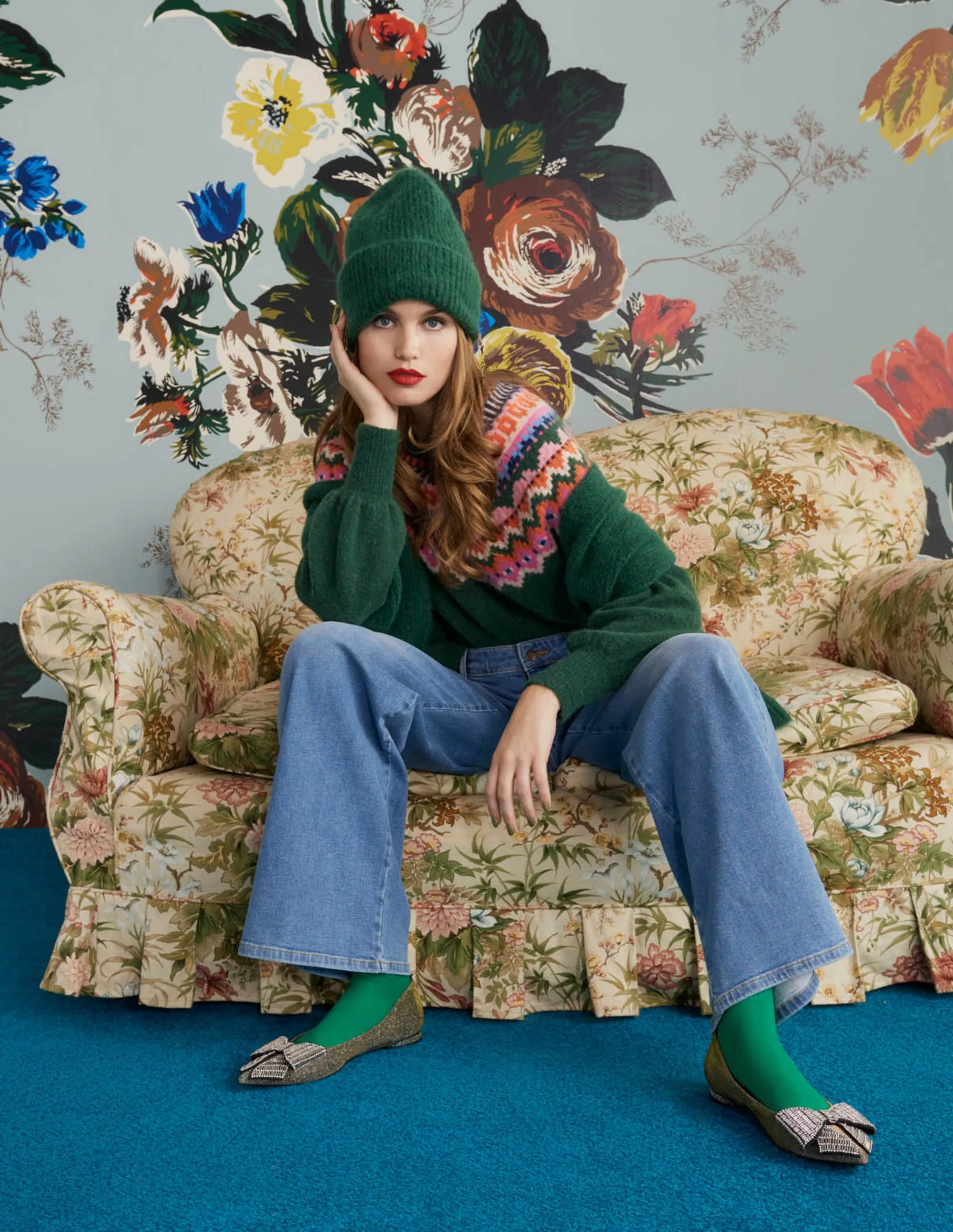Blouson Sleeve Fluffy Jumper-Hunter Green, Fair Isle