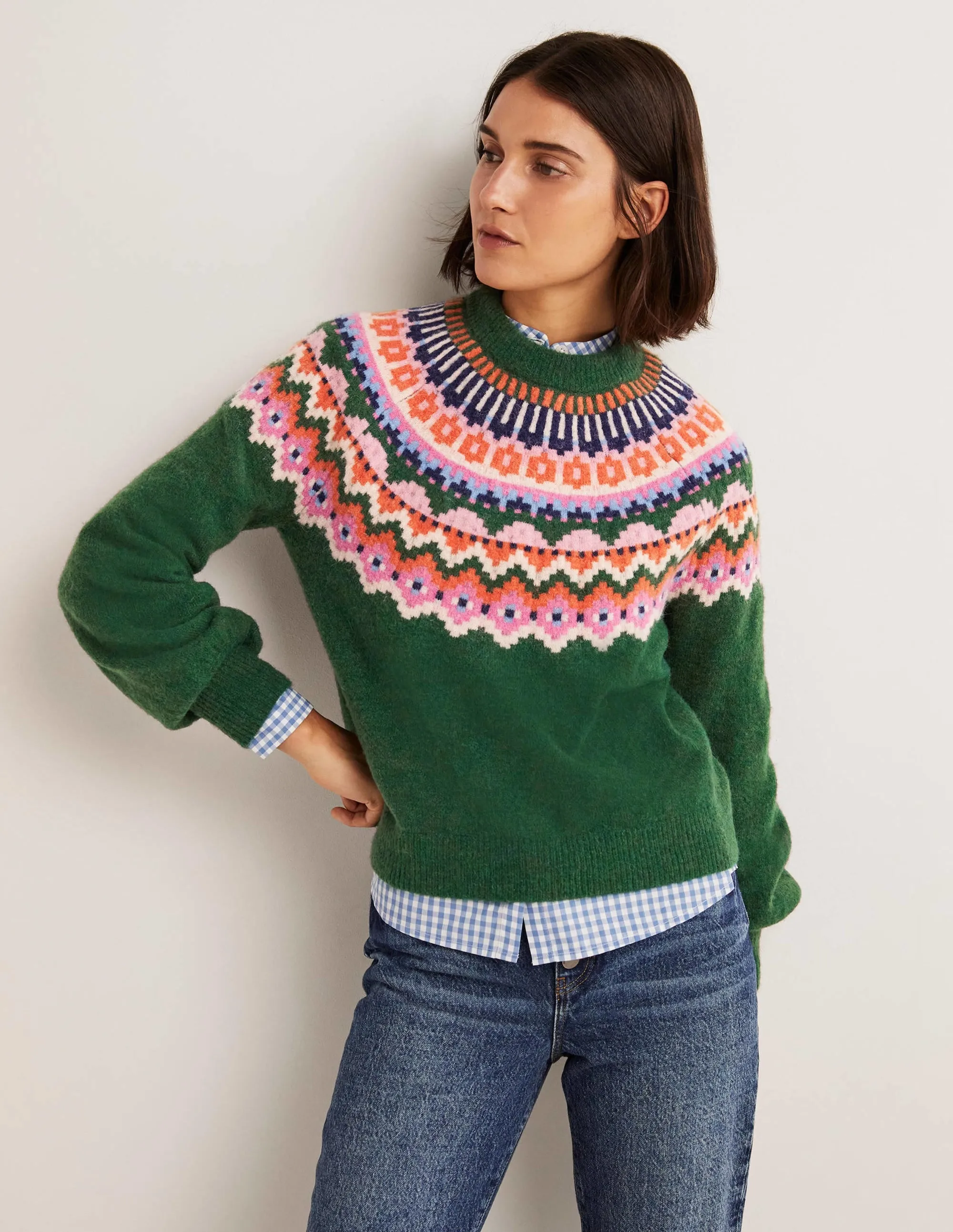 Blouson Sleeve Fluffy Jumper-Hunter Green, Fair Isle
