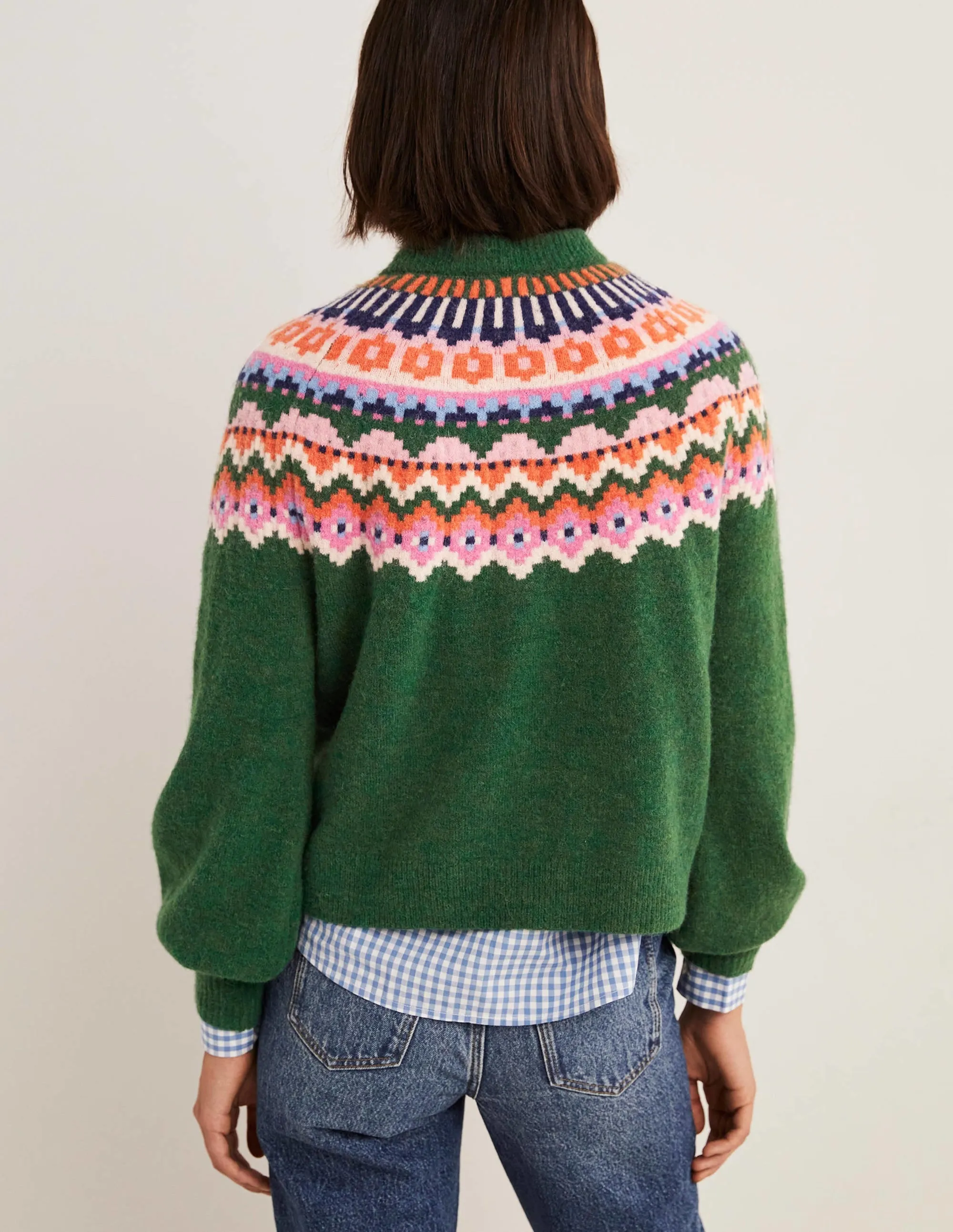 Blouson Sleeve Fluffy Jumper-Hunter Green, Fair Isle