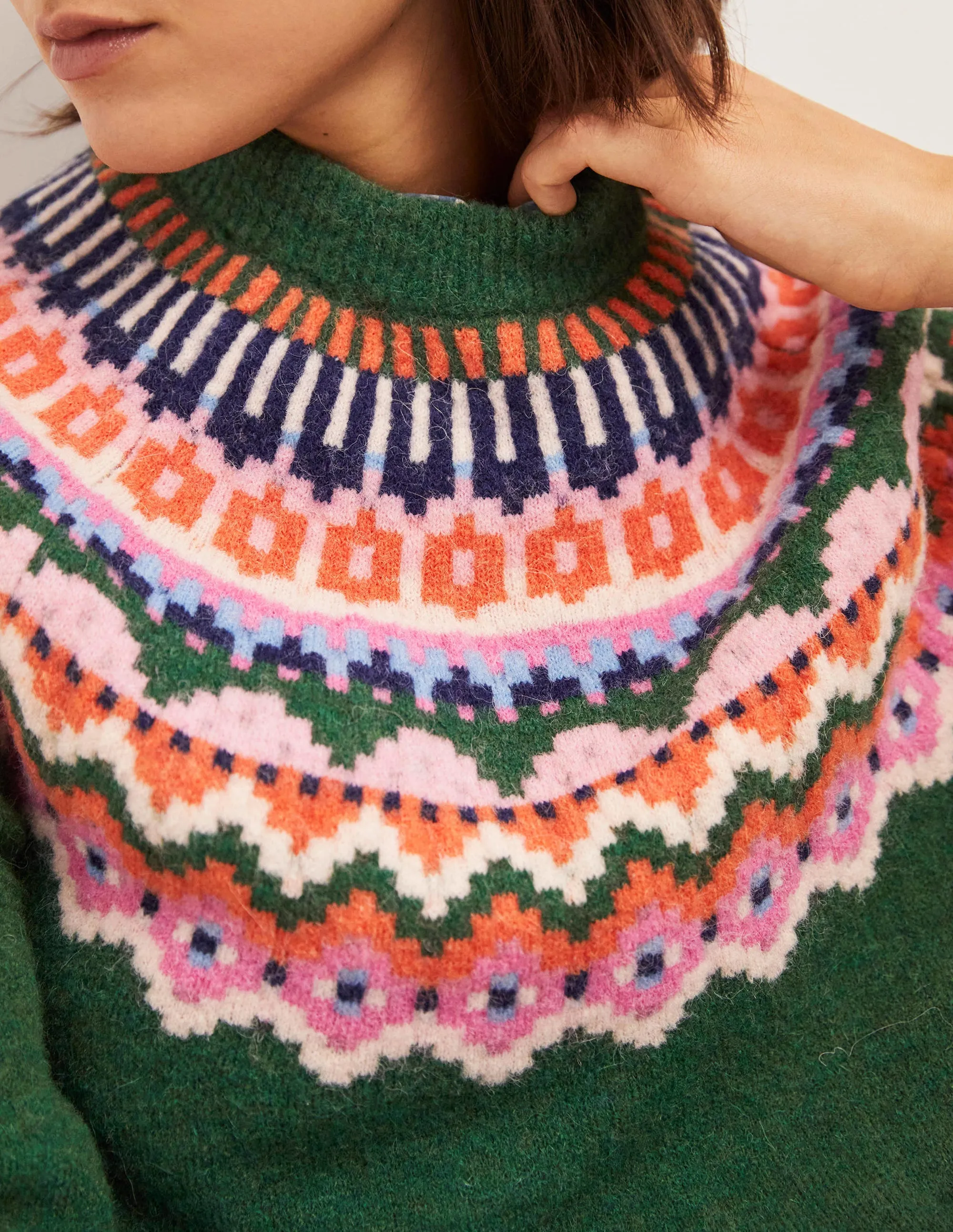 Blouson Sleeve Fluffy Jumper-Hunter Green, Fair Isle