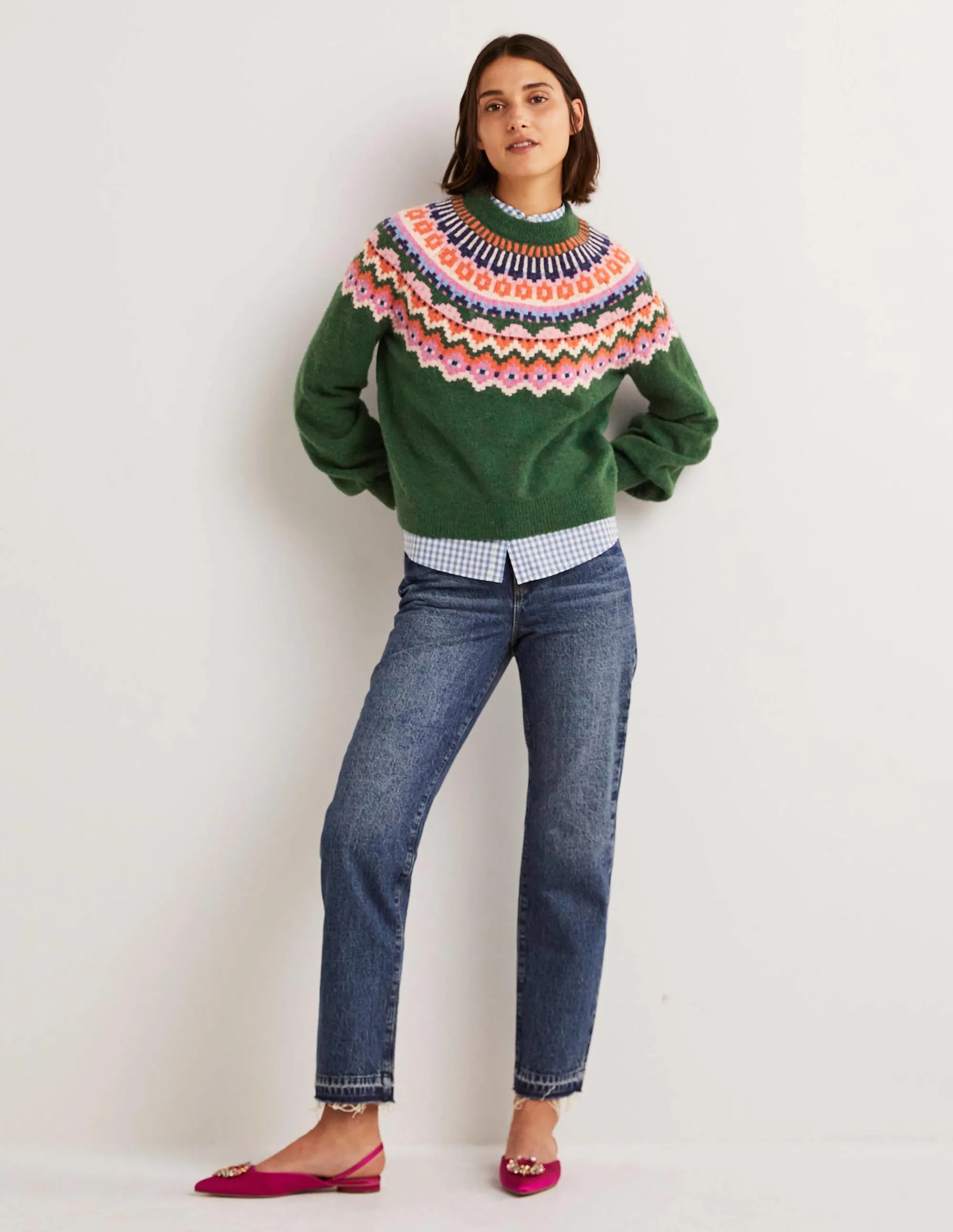 Blouson Sleeve Fluffy Jumper-Hunter Green, Fair Isle
