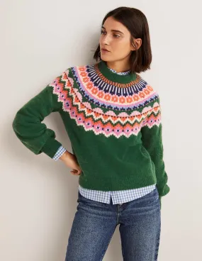 Blouson Sleeve Fluffy Jumper-Hunter Green, Fair Isle
