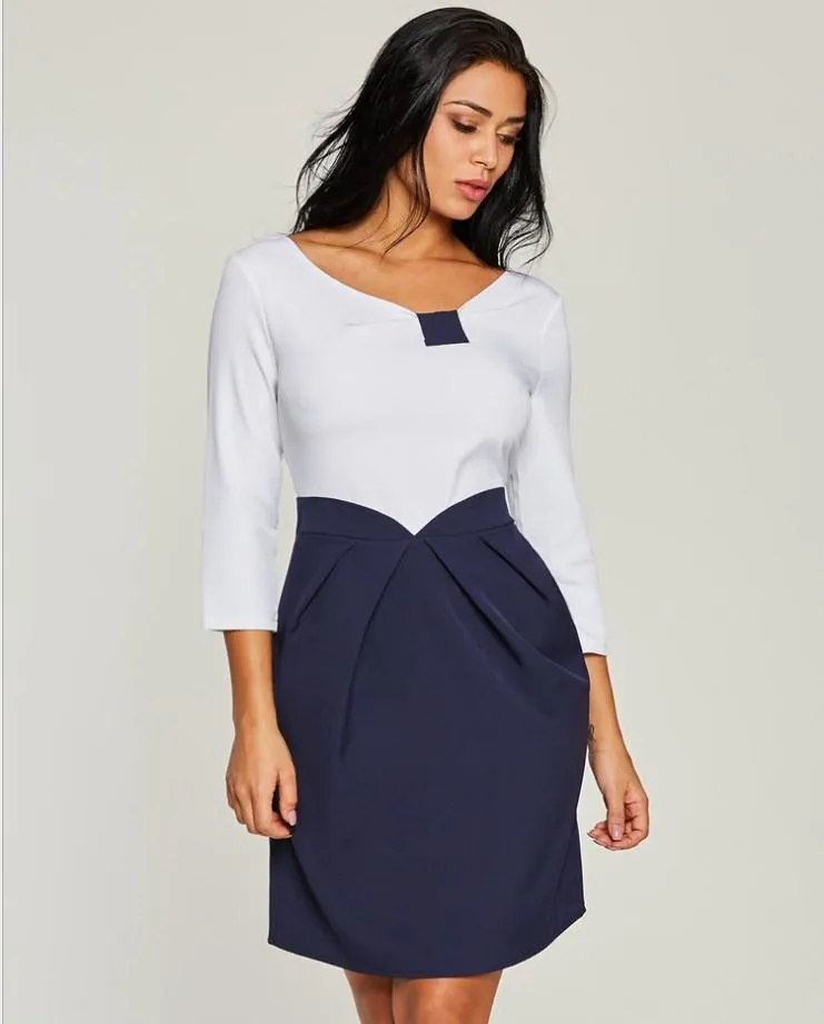 Blue and White Patchwork Round Neck Long Sleeve Bodycon Dresses