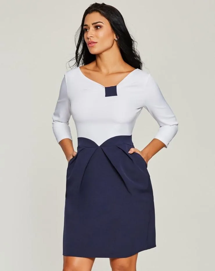 Blue and White Patchwork Round Neck Long Sleeve Bodycon Dresses