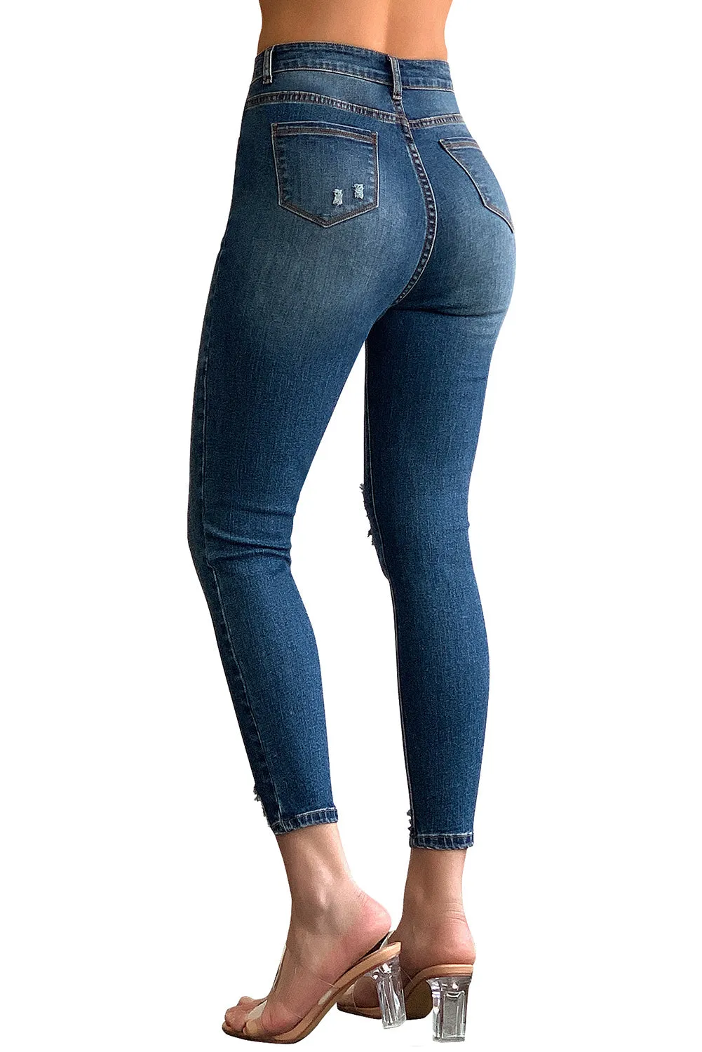 Blue Button Fly High Waist Ripped Skinny Fit Ankle Jeans
