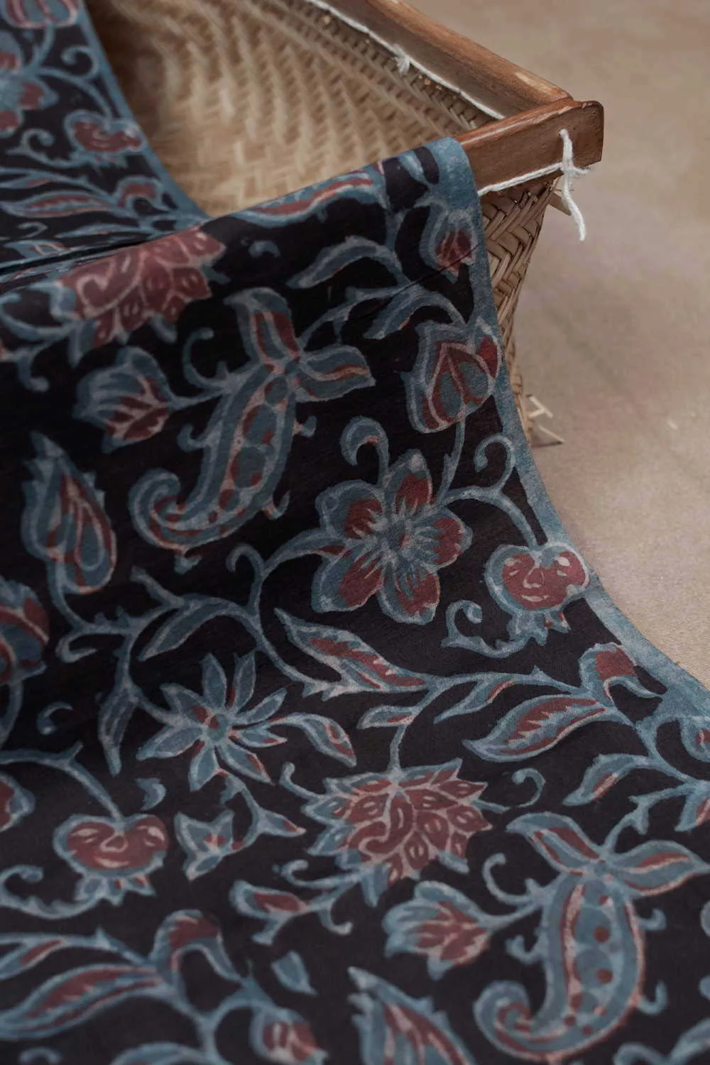 Blue Floral on Black Bagru Cotton Fabric