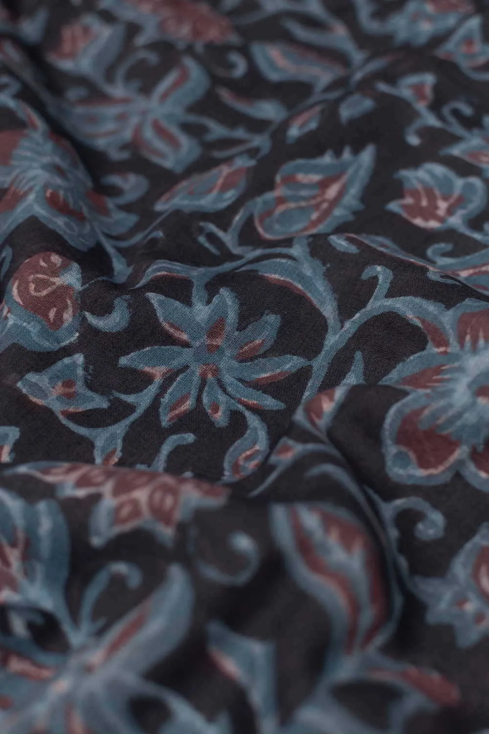 Blue Floral on Black Bagru Cotton Fabric