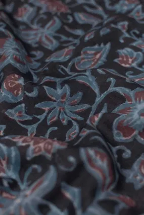 Blue Floral on Black Bagru Cotton Fabric