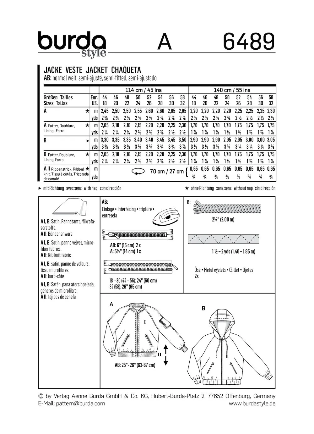 Burda Pattern 6489 Misses' Hooded Jacket (18-32)