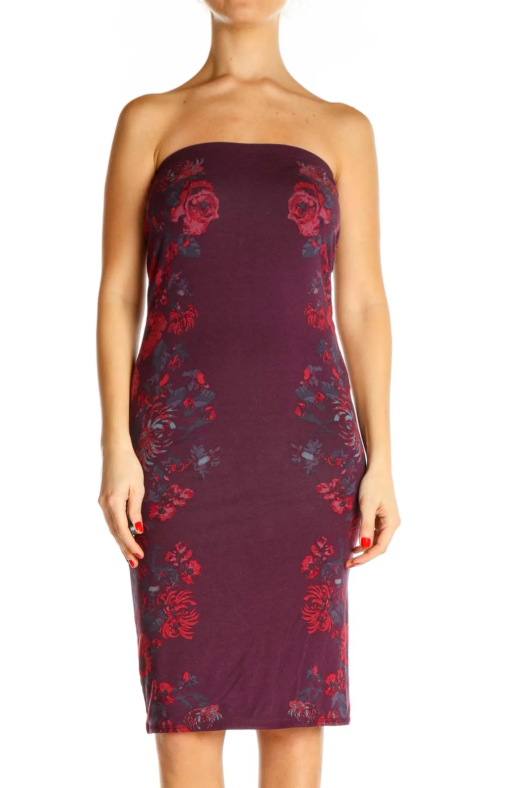 Burgundy Floral Strapless Bodycon Dress