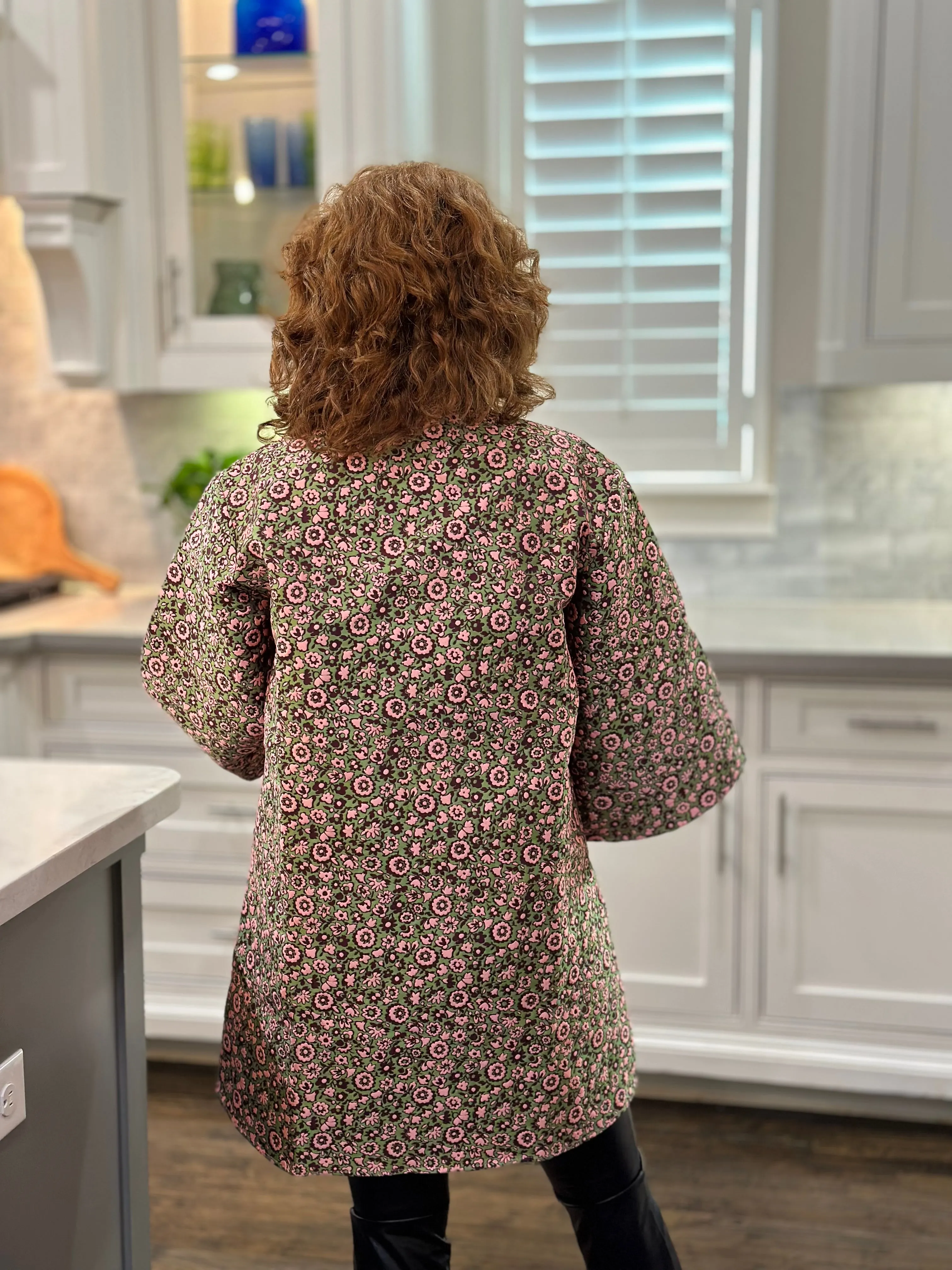 Caryn Lawn Jacquard Floral Car Coat in Pink/Green