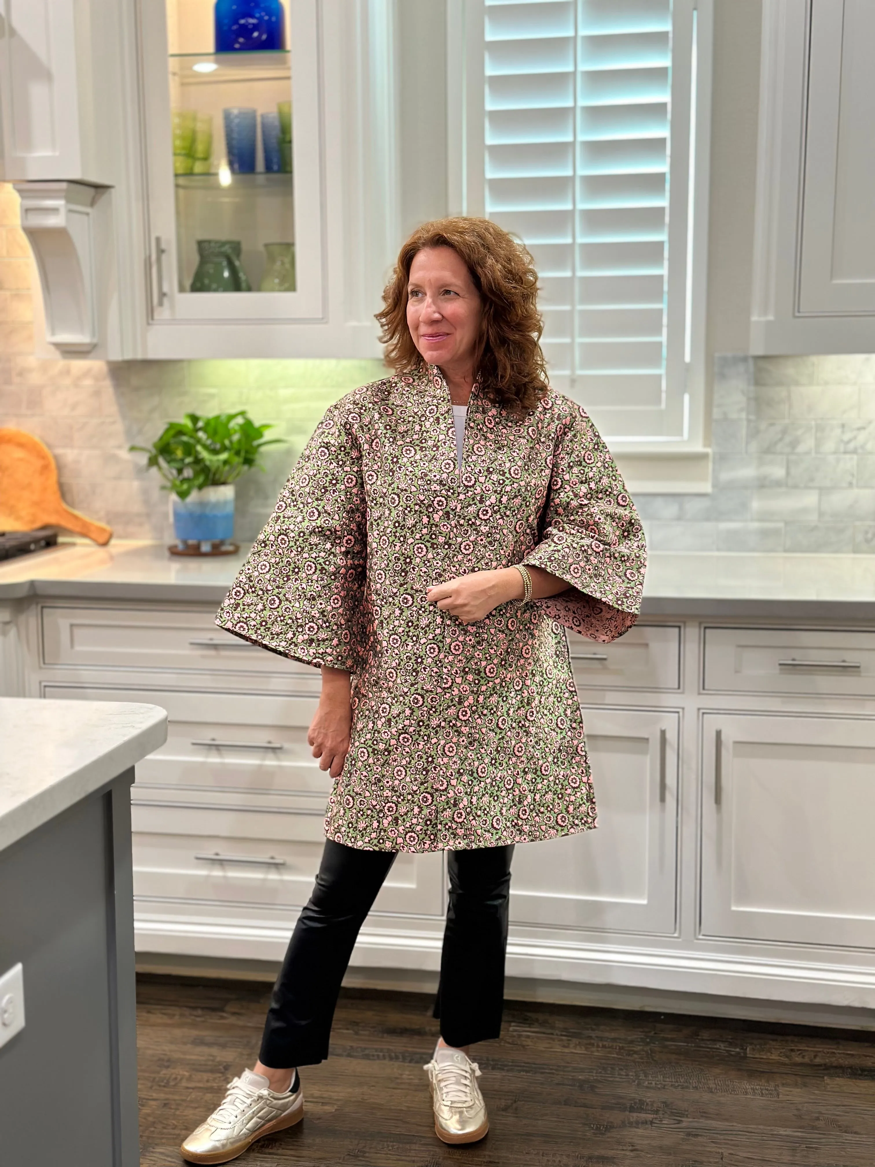 Caryn Lawn Jacquard Floral Car Coat in Pink/Green