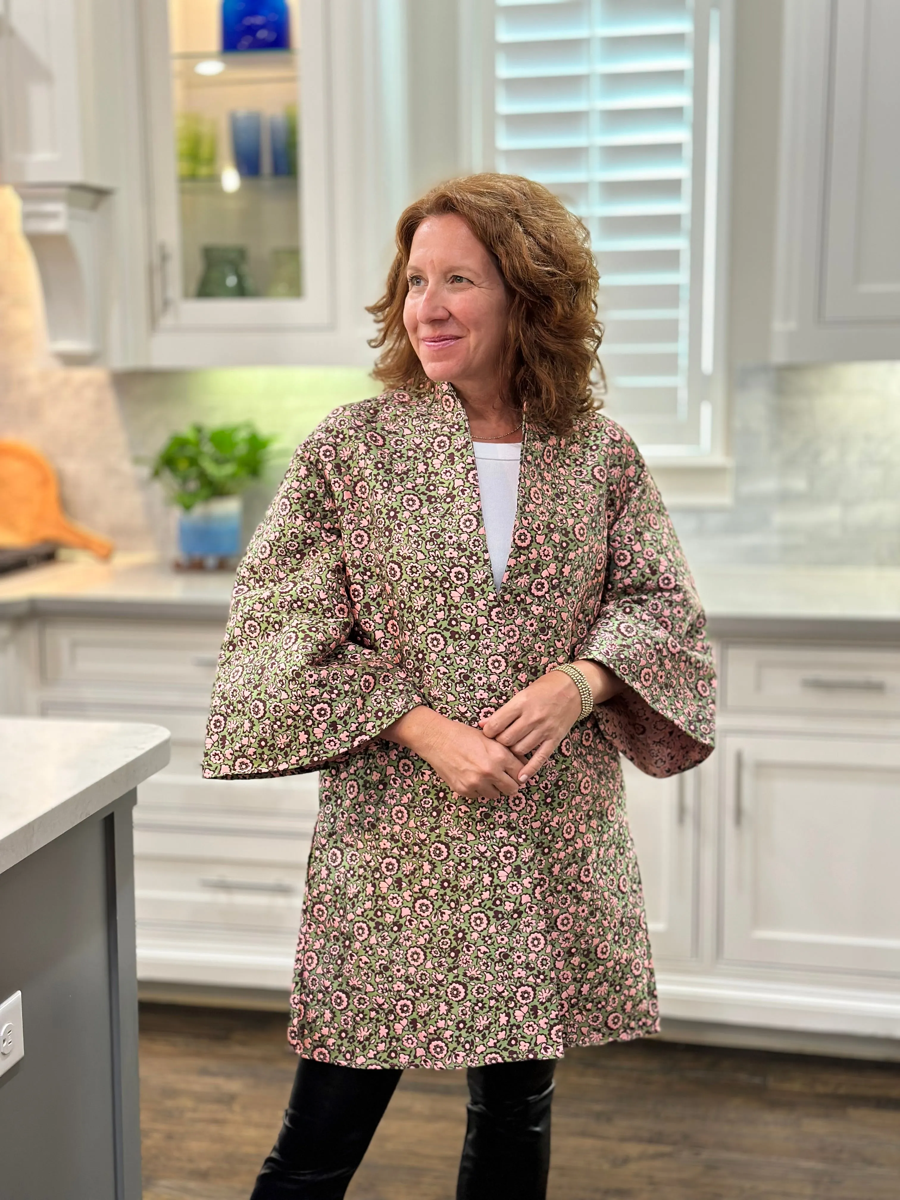 Caryn Lawn Jacquard Floral Car Coat in Pink/Green