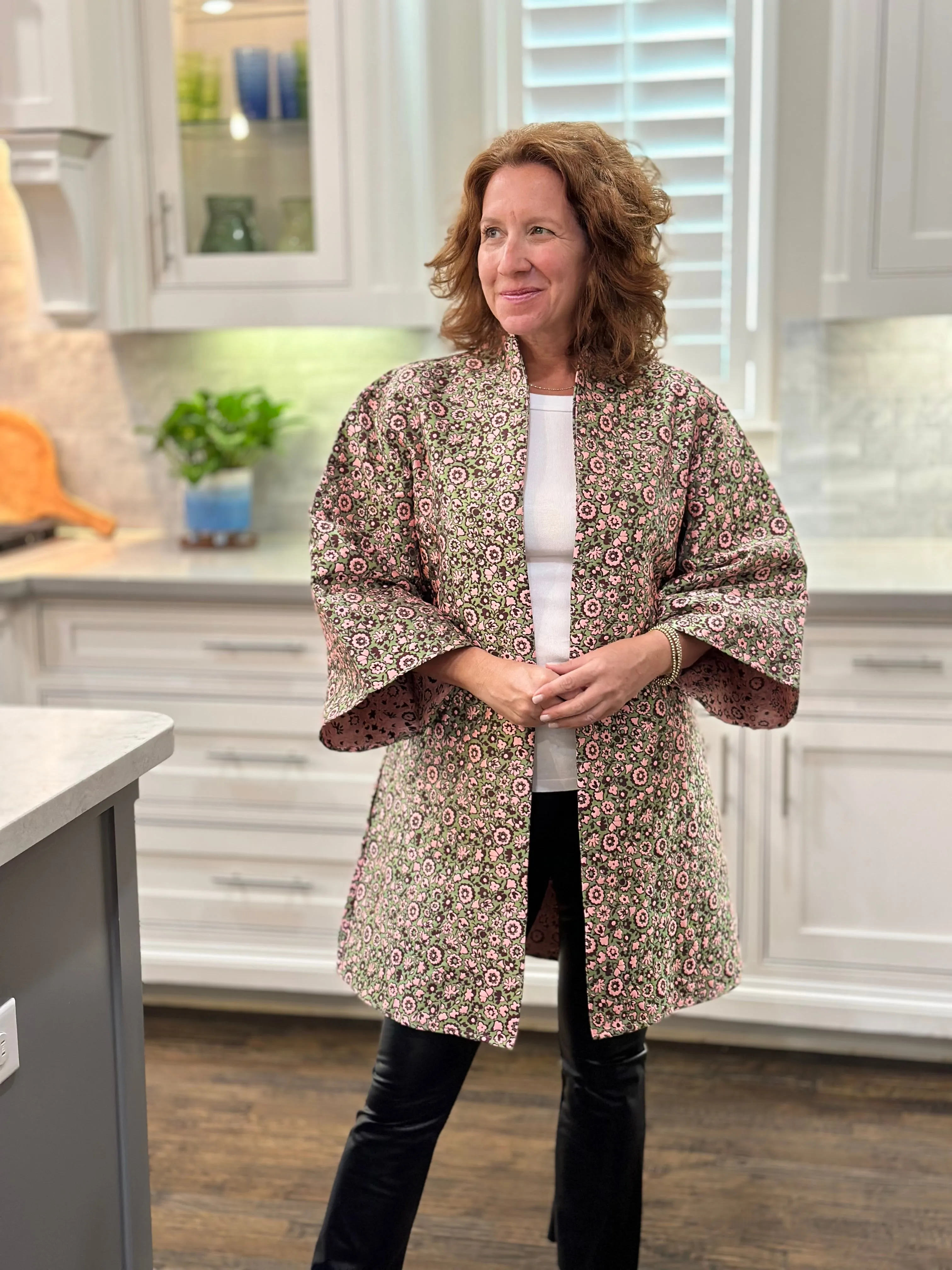 Caryn Lawn Jacquard Floral Car Coat in Pink/Green