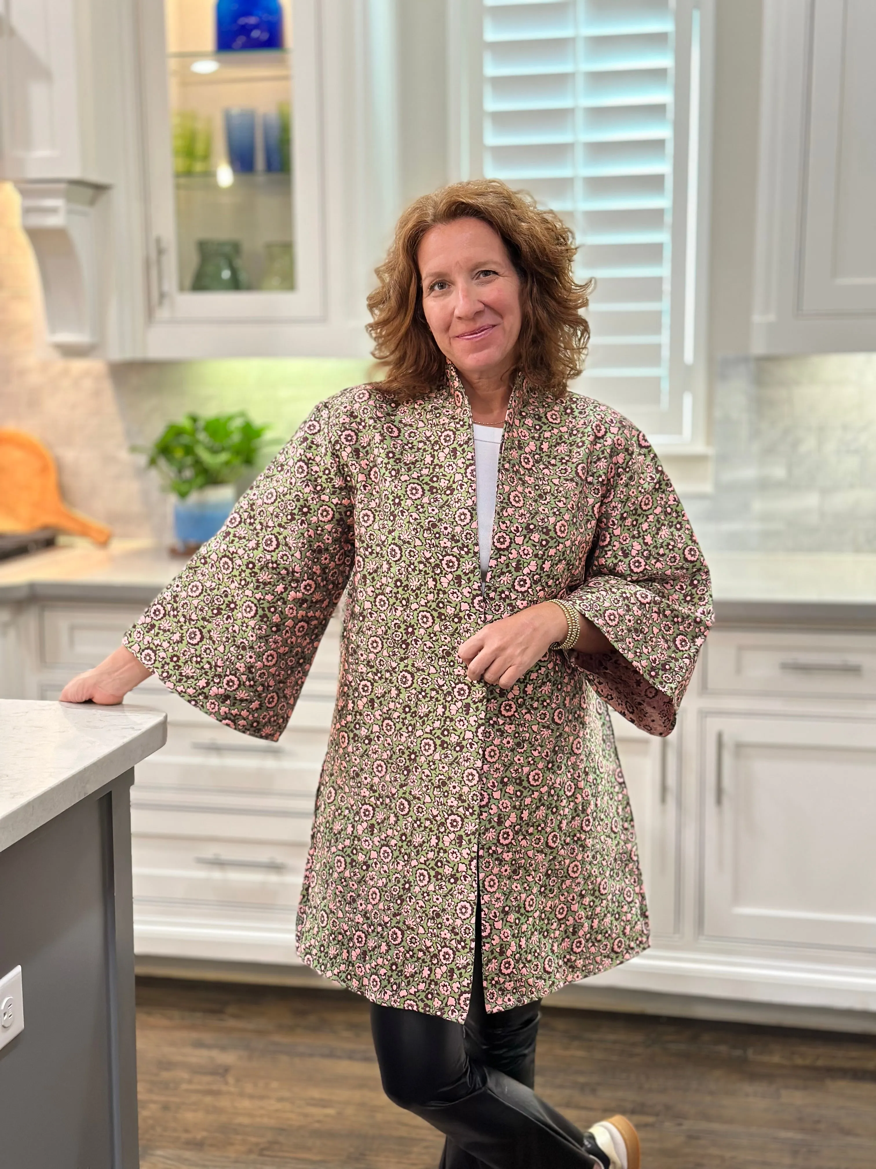 Caryn Lawn Jacquard Floral Car Coat in Pink/Green