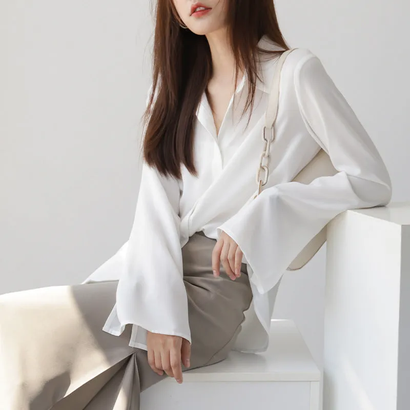 Chiffon Long Sleeved Blouse Lazy Loose Tops Flare Sleeves Solid Colored White Shirt Blouse