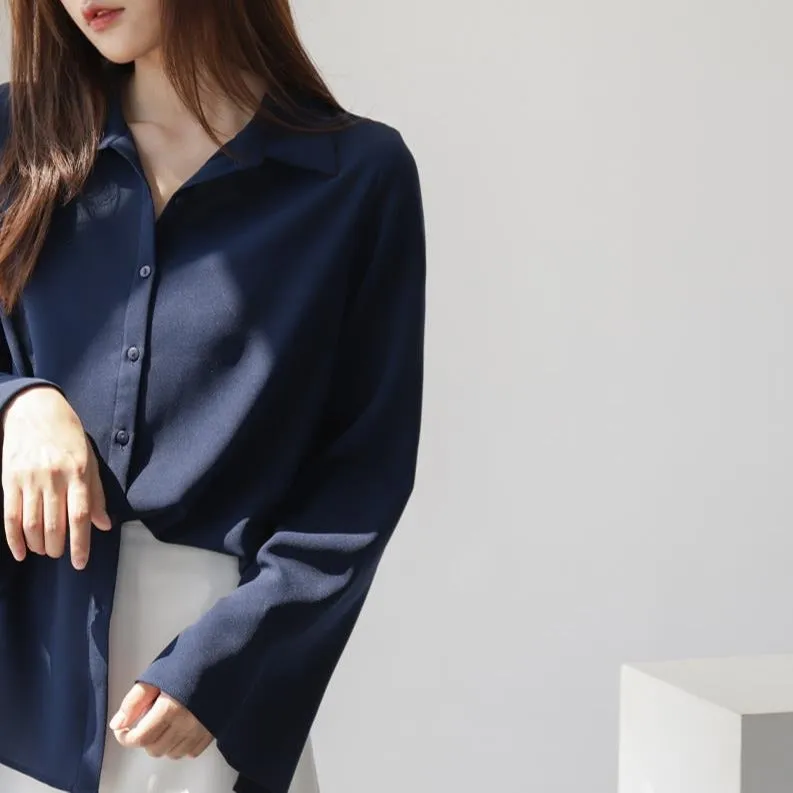 Chiffon Long Sleeved Blouse Lazy Loose Tops Flare Sleeves Solid Colored White Shirt Blouse