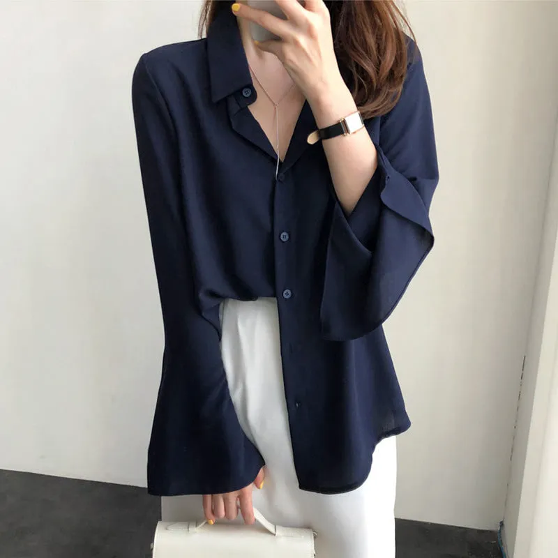 Chiffon Long Sleeved Blouse Lazy Loose Tops Flare Sleeves Solid Colored White Shirt Blouse