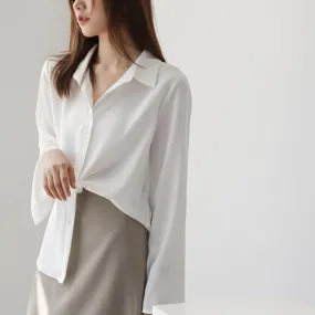 Chiffon Long Sleeved Blouse Lazy Loose Tops Flare Sleeves Solid Colored White Shirt Blouse