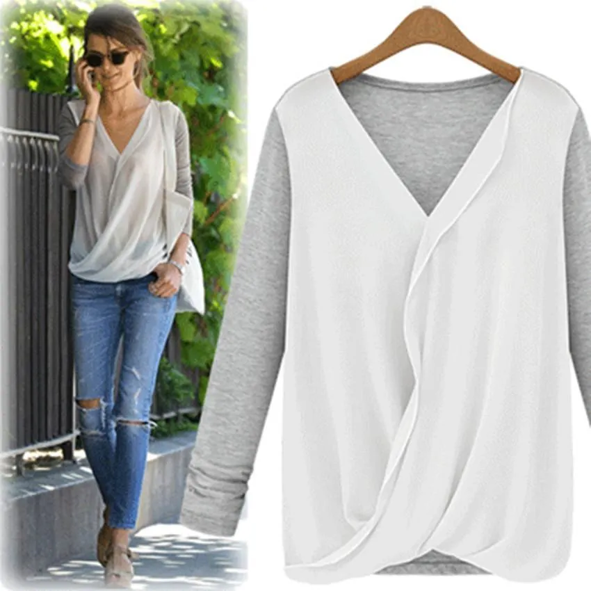 Clearance Chiffon Patchwork Ruches V-neck Long Sleeves Fashion Blouse