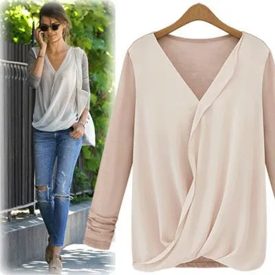 Clearance Chiffon Patchwork Ruches V-neck Long Sleeves Fashion Blouse