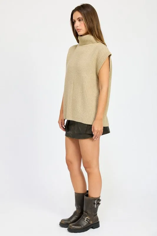 Cozy Sleeveless Split Back Turtle Neck Sweater Top
