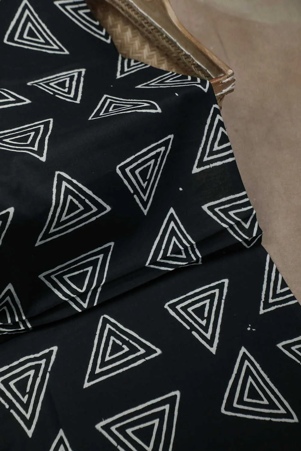 Cream Butta on Black Bagru Cotton Fabric - 1m