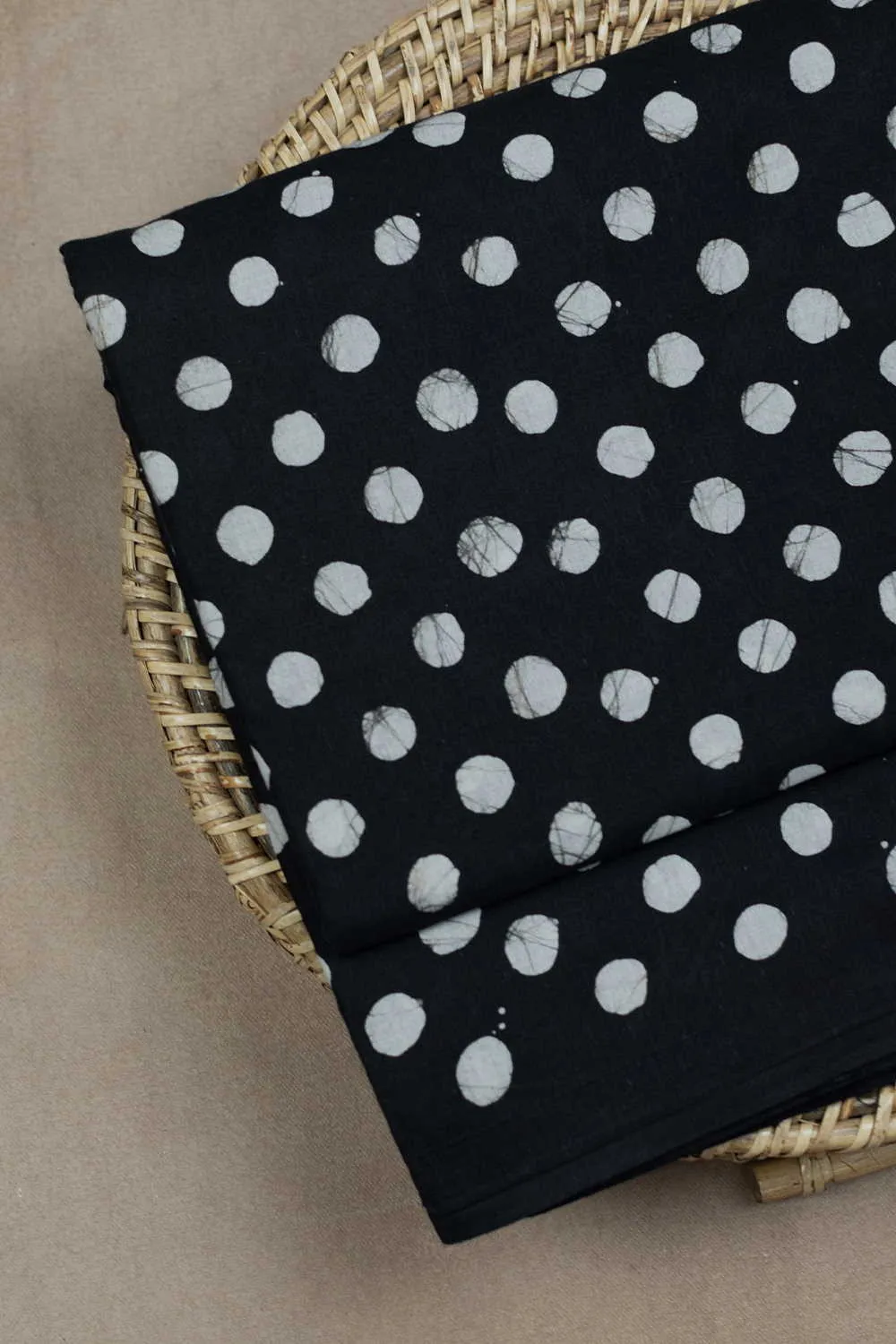 Cream Polka on Black Bagru Cotton Fabric