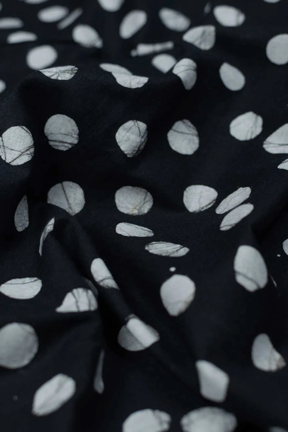 Cream Polka on Black Bagru Cotton Fabric