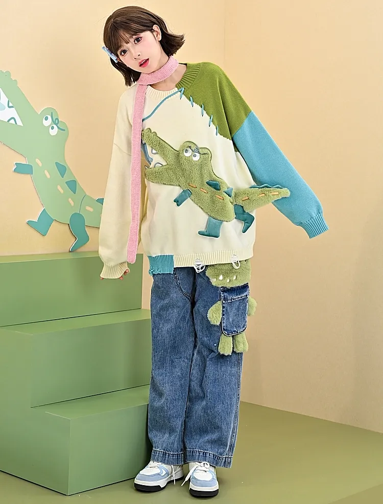 Cute 3D Cartoon Crocodile Embroidery Straight-leg Jeans