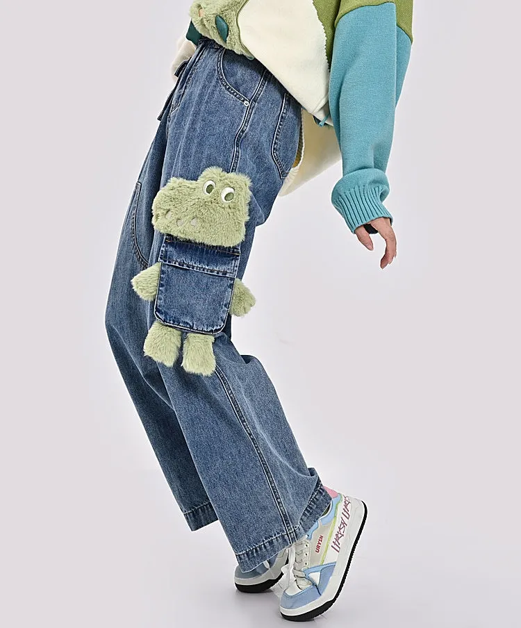 Cute 3D Cartoon Crocodile Embroidery Straight-leg Jeans