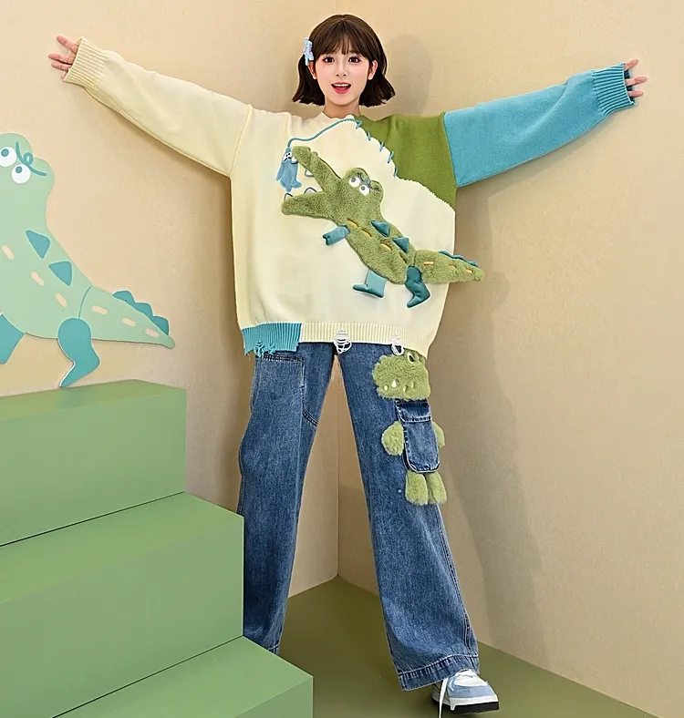 Cute 3D Cartoon Crocodile Embroidery Straight-leg Jeans