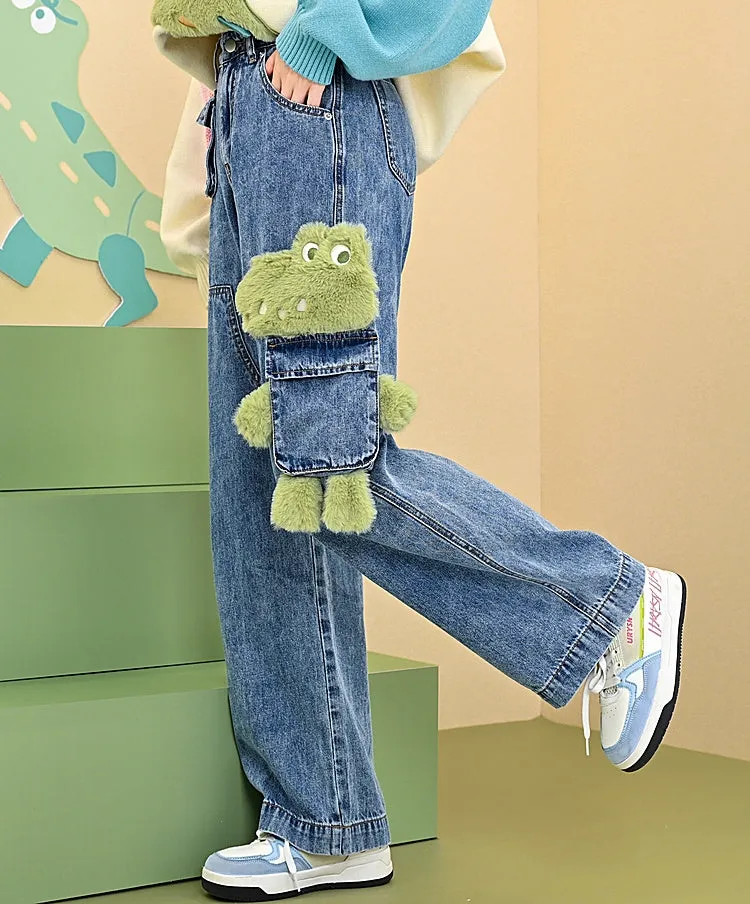 Cute 3D Cartoon Crocodile Embroidery Straight-leg Jeans