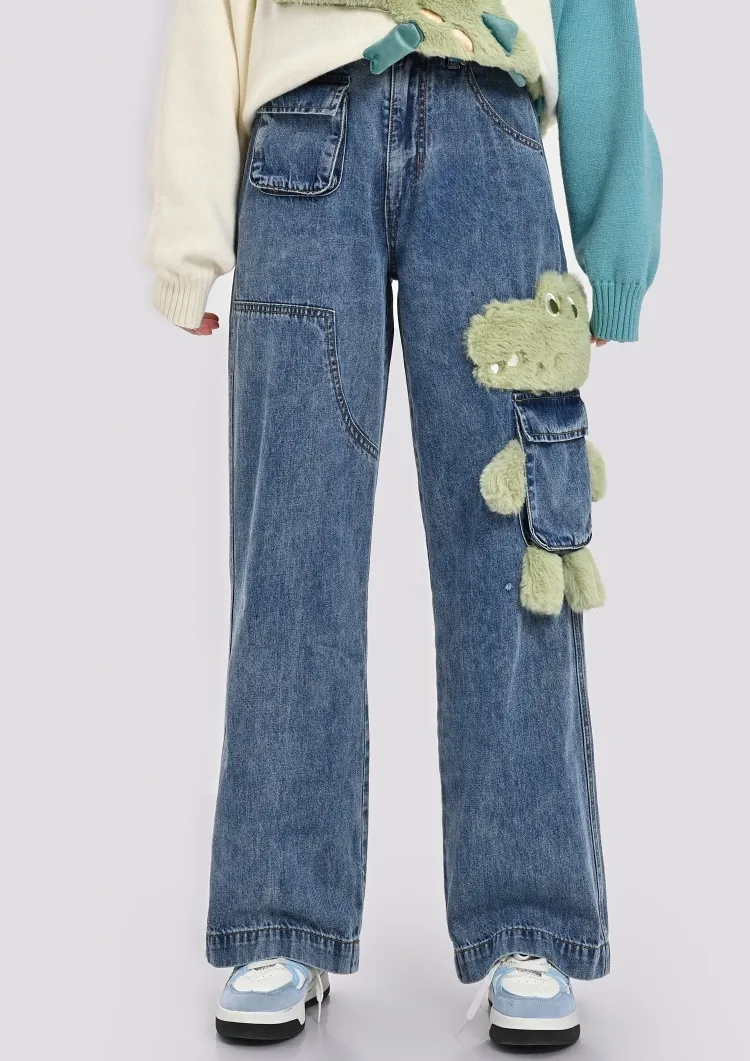 Cute 3D Cartoon Crocodile Embroidery Straight-leg Jeans