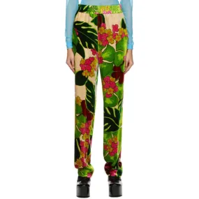 Dries Van Noten Green Velvet Flower Palaco Trousers