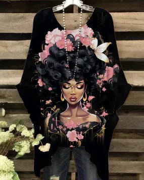 Elegant Art Portrait Print Casual Blouses