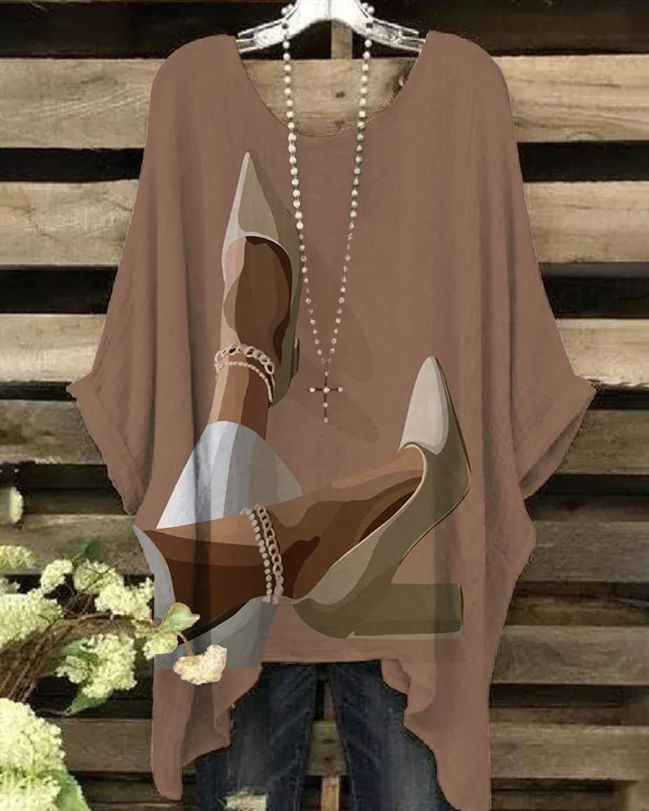 Elegant Golden Chain High Heel Print Irregular Shirt