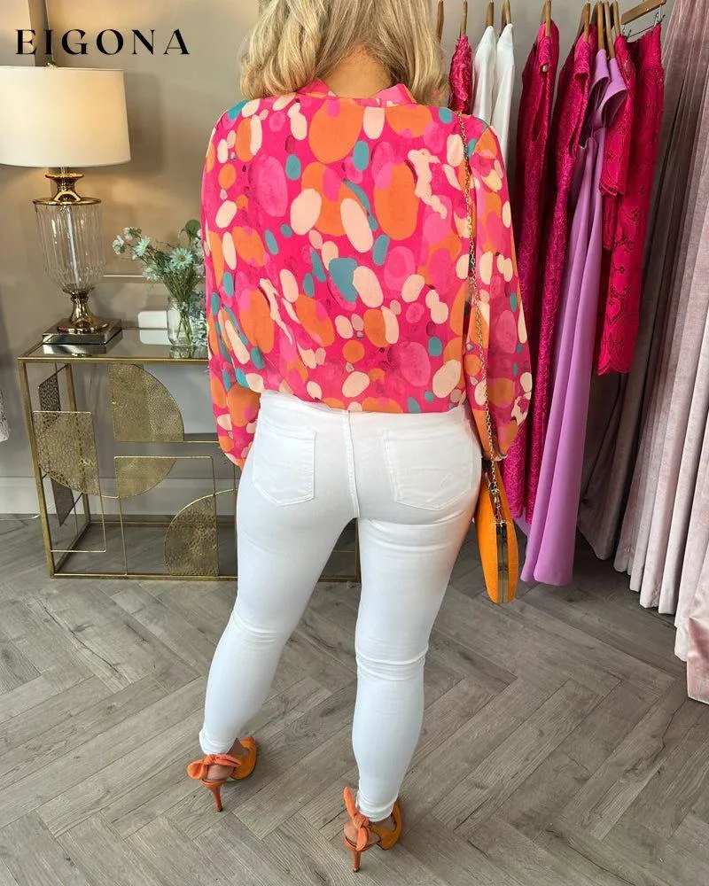 Elegant irregular polka dot print strappy long-sleeve blouse