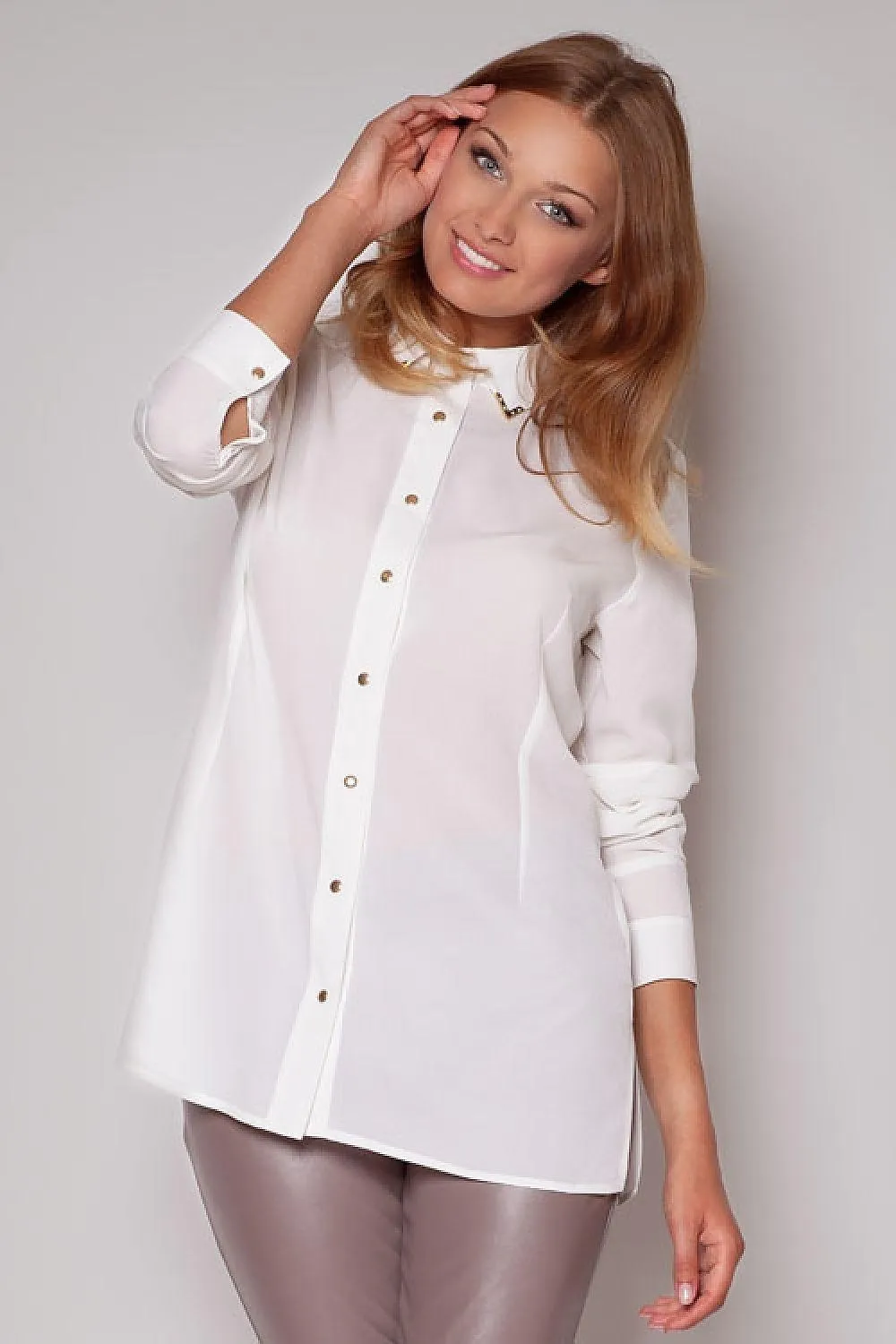 Elegant Long Sleeve Blouse with Golden Button Accents