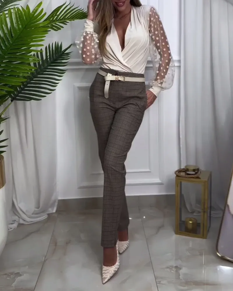 Elegant solid color mesh splicing pleated blouse