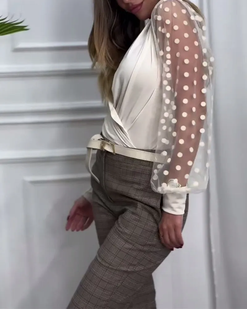 Elegant solid color mesh splicing pleated blouse
