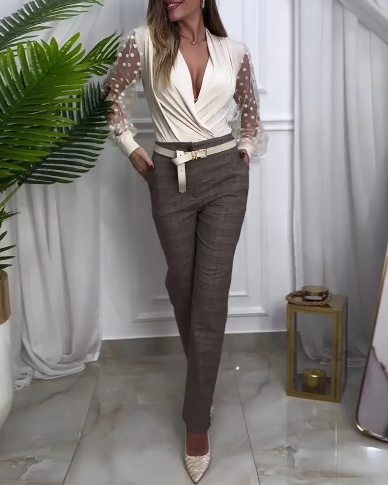 Elegant solid color mesh splicing pleated blouse