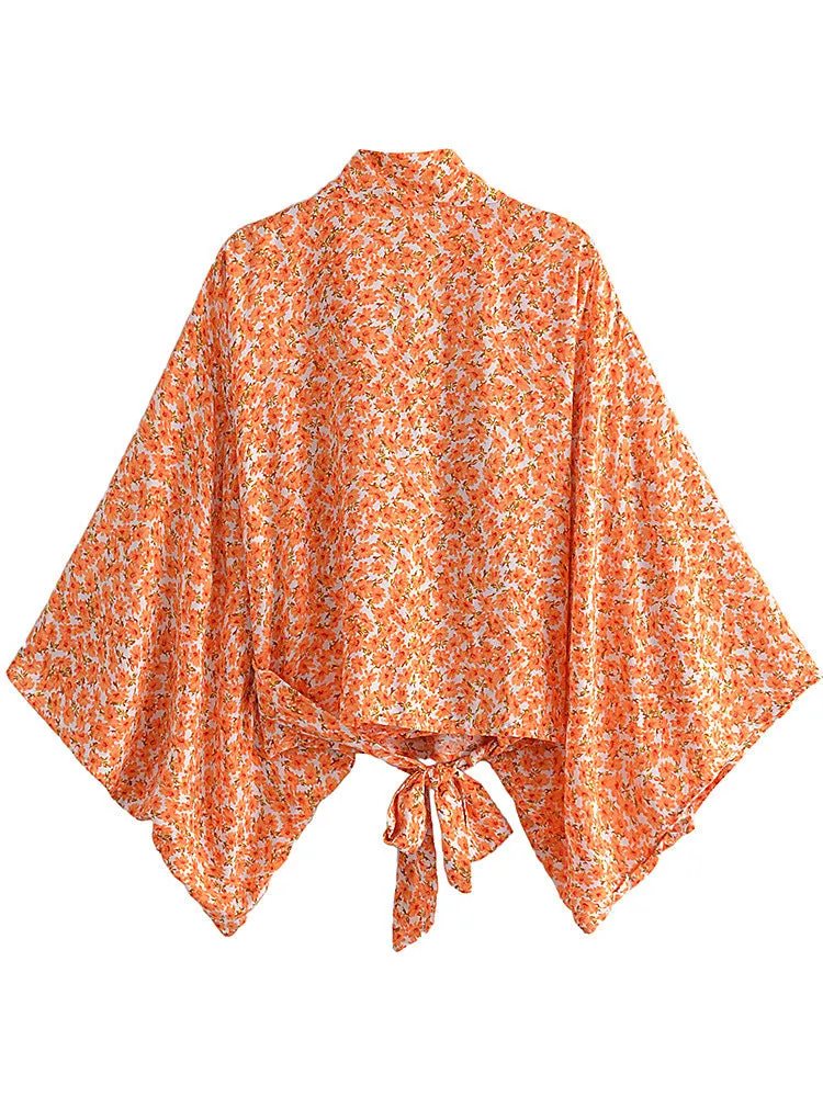 Fashion Print Collar Batwing Sleeve Bohemian Blouses