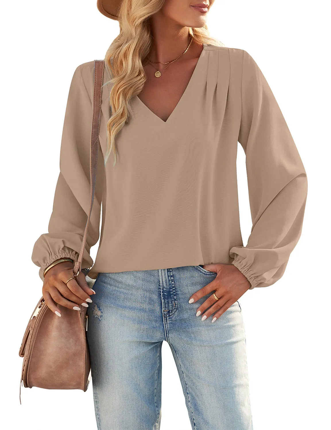 GRAPENT Womens Business Causal Tops for Women Ladies Work Blouses Dressy Long Sleeve Pleated V Neck