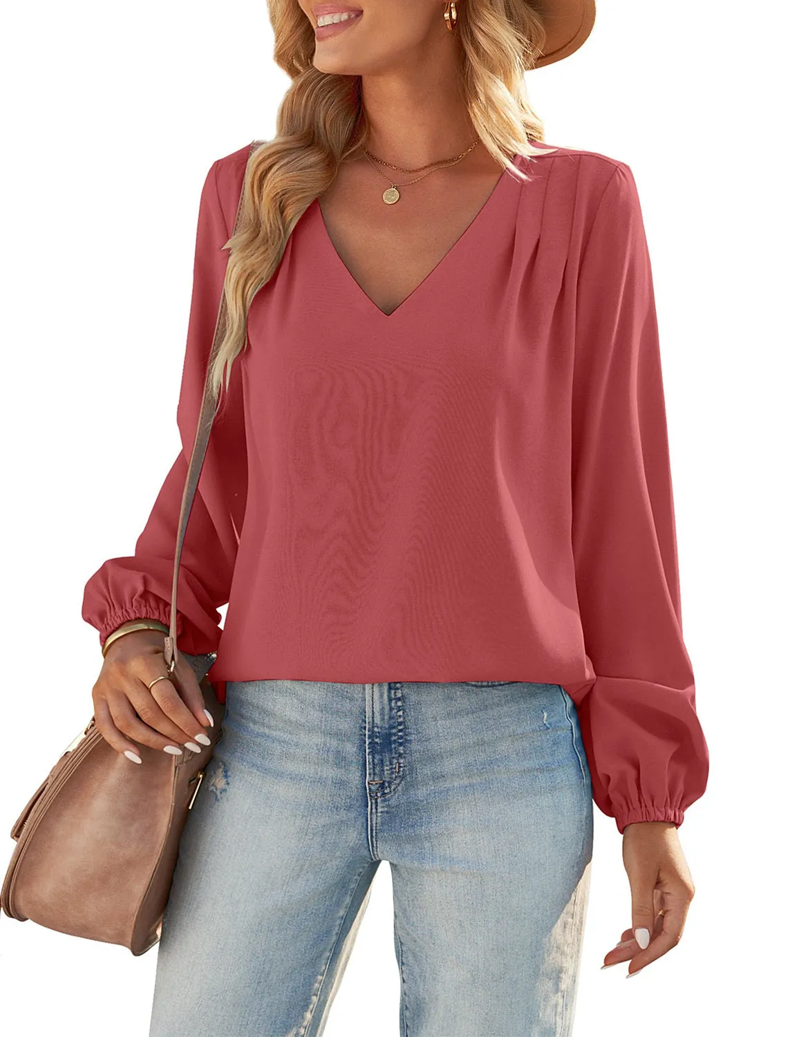 GRAPENT Womens Business Causal Tops for Women Ladies Work Blouses Dressy Long Sleeve Pleated V Neck