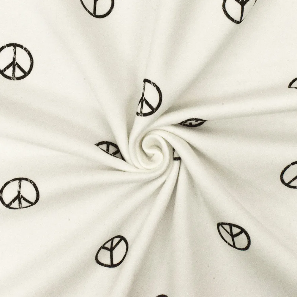 Ivory-Black Peace Printed Stretch Cotton French Terry Brush Fleece Fabric