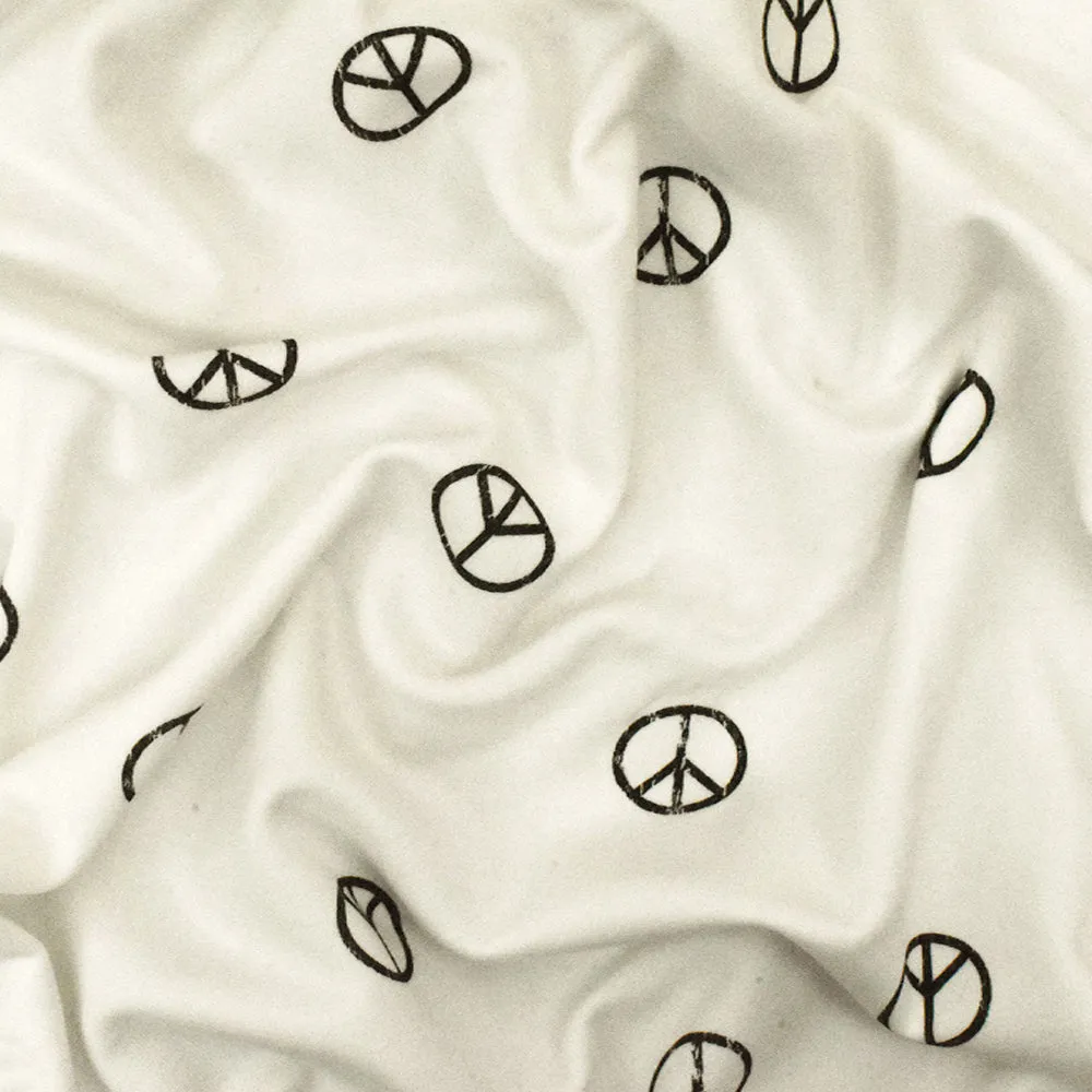Ivory-Black Peace Printed Stretch Cotton French Terry Brush Fleece Fabric