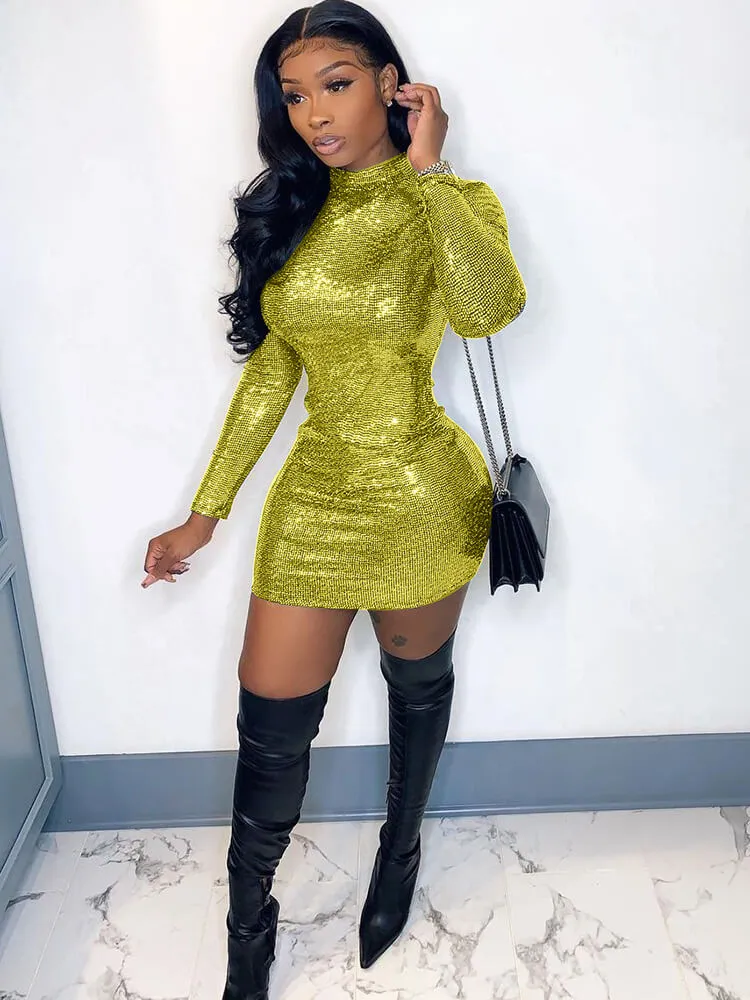 Long Sleeve Backless Sequins Bodycon Mini Dresses